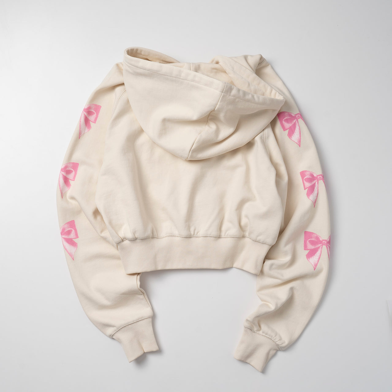 Ribbon Cropped Zipper Hoodie - Cream