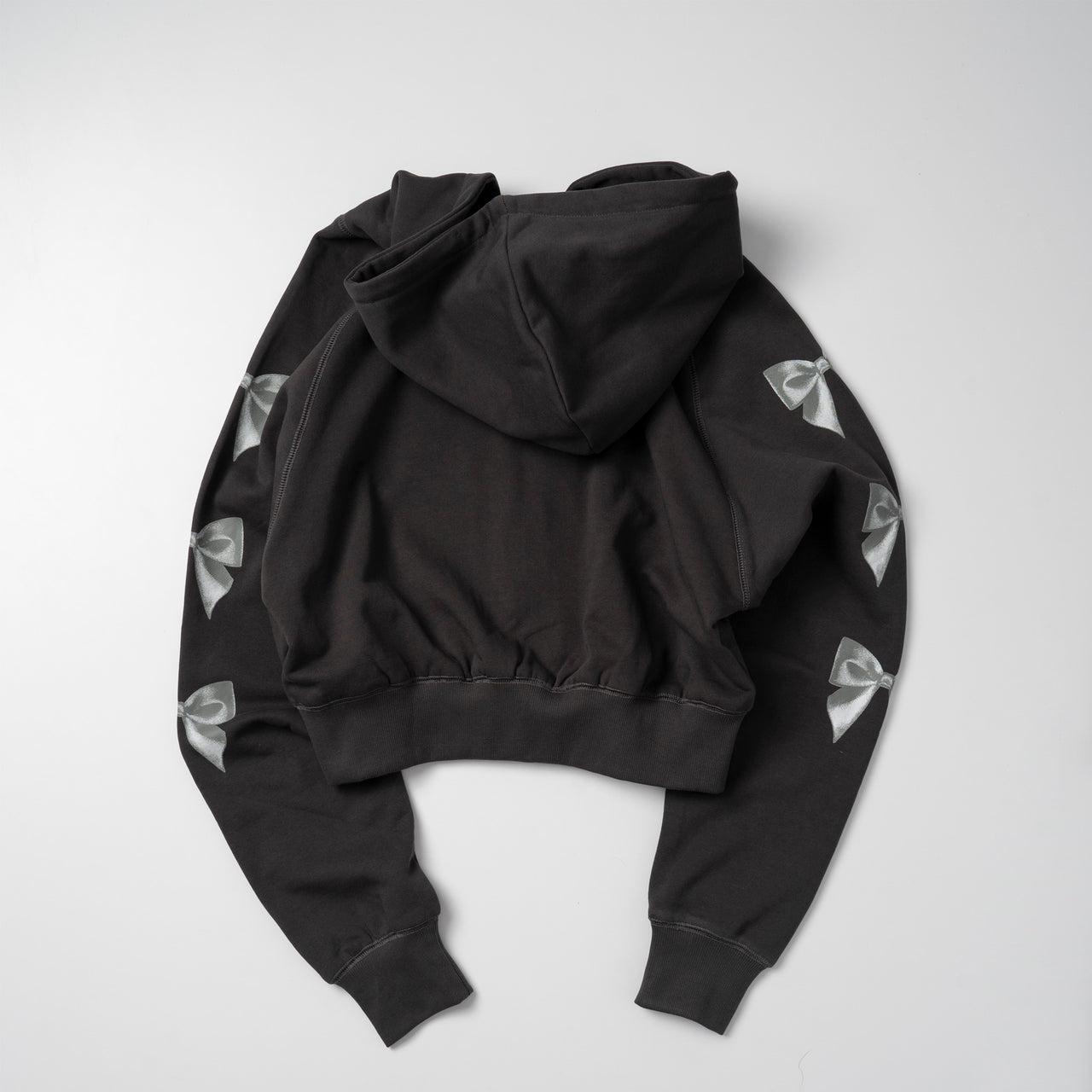 Ribbon Cropped Zipper Hoodie - Charcoal